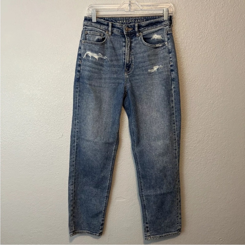 American Eagle Mom Straight Blue Jeans Comfort Stretch Waist Medium Wash Size 6 - Picture 1 of 8